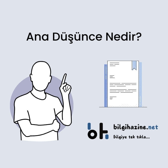 Üstte "Ana Düşünce Nedir?" başlığı, altta fikir bulan insan ile karşısında belge görüntüsü var. Onun da altında "bilgihazine.net" logosu var.