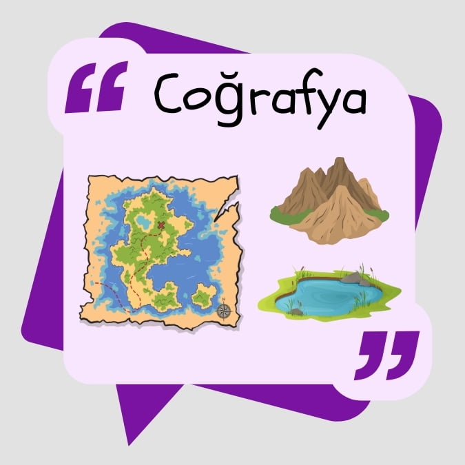 Eflatun renkli klasör üzerinde "Coğrafya" yazısı, aşağısında dağ, harita ve göl görselleri var.