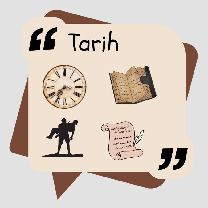 Krem rengi klasör üzerinde "Tarih" yazısı, aşağısında saat, eski defter, arkadaşını kurtaran asker ve eski not görselleri var.