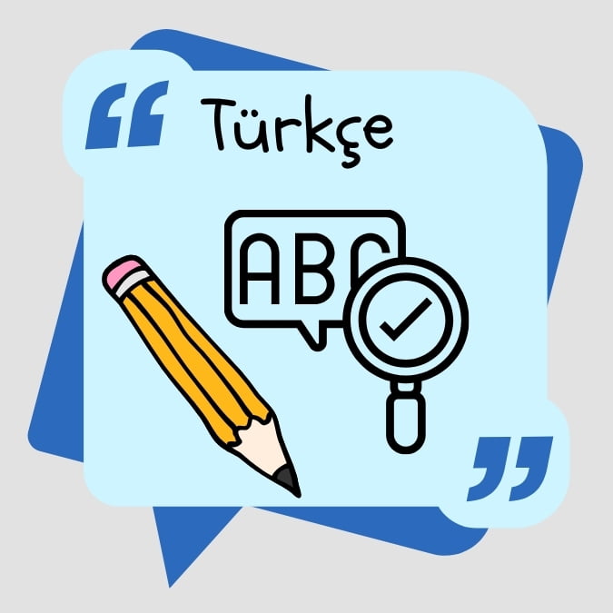 Mavi renkli klasörde "Türkçe" yazısı, aşağısında "ABC" yazıları, yanlarında kalem ile mercek görseli var.