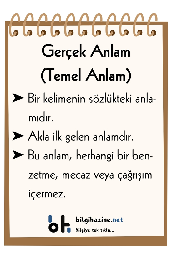 Defterin üstünde "Gerçek Anlam (Temel Anlam)" başlığı, aşağıda üç maddelik açıklama, en altta "bilgihazine.net" logosu var.